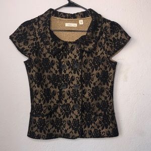 Coldwater Creek Lace Overlay Gold Blouse Women’s Size 8 Short Sleeve Top